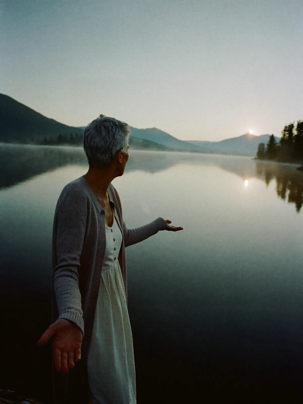 A silver-haired woman stands at the edge of a misty lake at dawn, one hand open toward the water